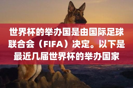 世界杯的举办国是由国际足球联合会(FIFA)决定。以下是最近几届世界杯的举办国家