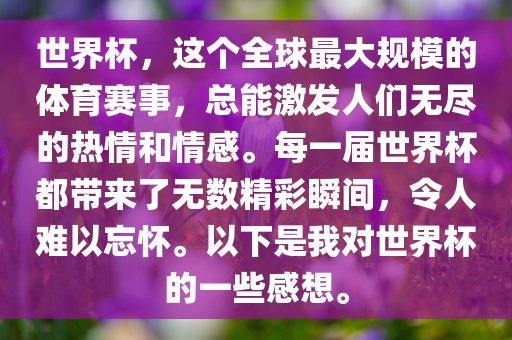 世界杯，这个全球最大规模的体育赛事，总能激发人们无尽的热情和情感。每一届世界杯都带来了无数精彩瞬间，令人难以忘怀。以下是我对世界杯的一些感想。广州熙林手袋有限公司