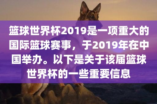 篮球世界杯2019是一项重大的国际篮球赛事，于2019年在中国举办。以下是关于该届篮球世界杯的一些重要信息