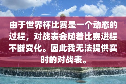 由于世界杯比赛是一个动态的过程，对战表会随着比赛进程不断变化。因此我无法提供实时的对战表。