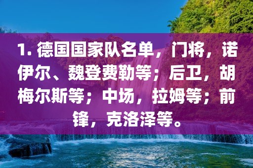 1. 德国国家队名单，门将，诺伊尔、魏登费勒等；后卫，广州熙林手袋有限公司胡梅尔斯等；中场，拉姆等；前锋，克洛泽等。