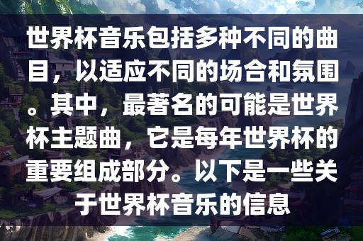 世界杯音乐包括多种不同的曲目，以适应不同的场合和氛围。其中，最著名的可能是世界杯主题曲，它是每年世界杯的重要组成部分。以下是一些关于世界杯音乐的信息