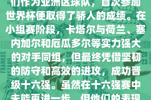 关于卡塔尔在2022年世界杯的表现，可以说是非常出色的。他们作为亚洲区球队，首次参加世界杯便取得了骄人的成绩。在小组赛阶段，卡塔尔与荷兰、塞内加尔和厄瓜多尔等实力强大的对手同组，但最终凭借坚韧的防守和高效的进攻，成功晋级十六强。虽然在十六强赛中未能更进一步，但他们的表现已经赢得了球迷和对手的尊重。