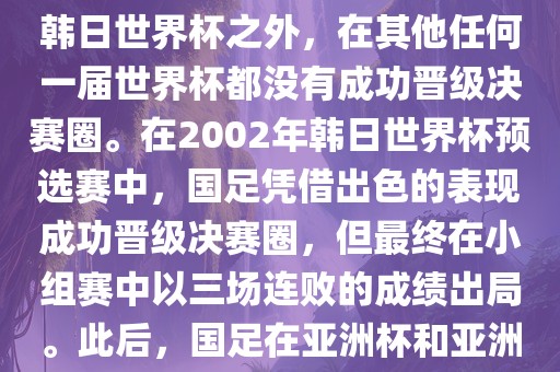 中国国家男子足球队在世界杯的表现并不出色。除了2002年韩日世界杯之外，在其他任何一届世界杯都没有成功晋级决赛圈。在2002年韩日世界杯预选赛中，国足凭借出色的表现成功晋级决赛圈，但最终在小组赛中以三场连败的成绩出局。此后，国足在亚洲杯和亚洲预选赛中的表现一直起伏不定，未能再次打进世界杯。